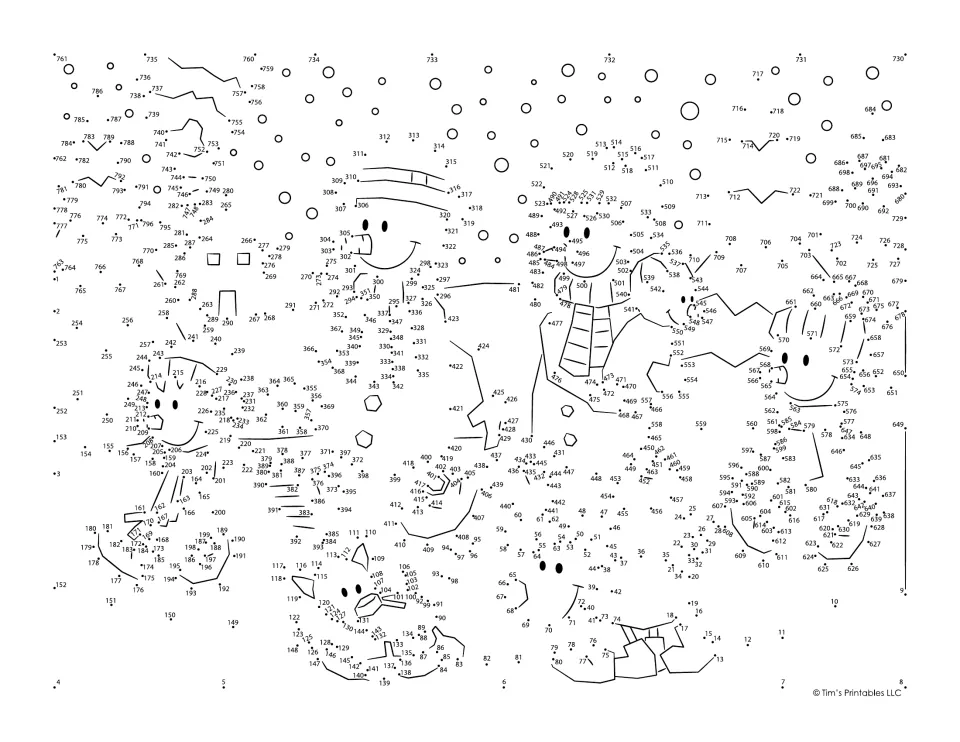 Winter dot-to-dot activity: connect 791 dots to complete a snowman family walk with a dog and cat.