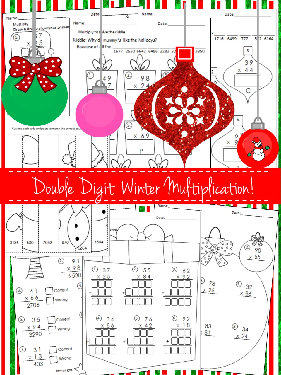 Cover titled Double Digit Winter Multiplication! showing ornament-themed multiplication pages, a riddle and a snowman puzzle