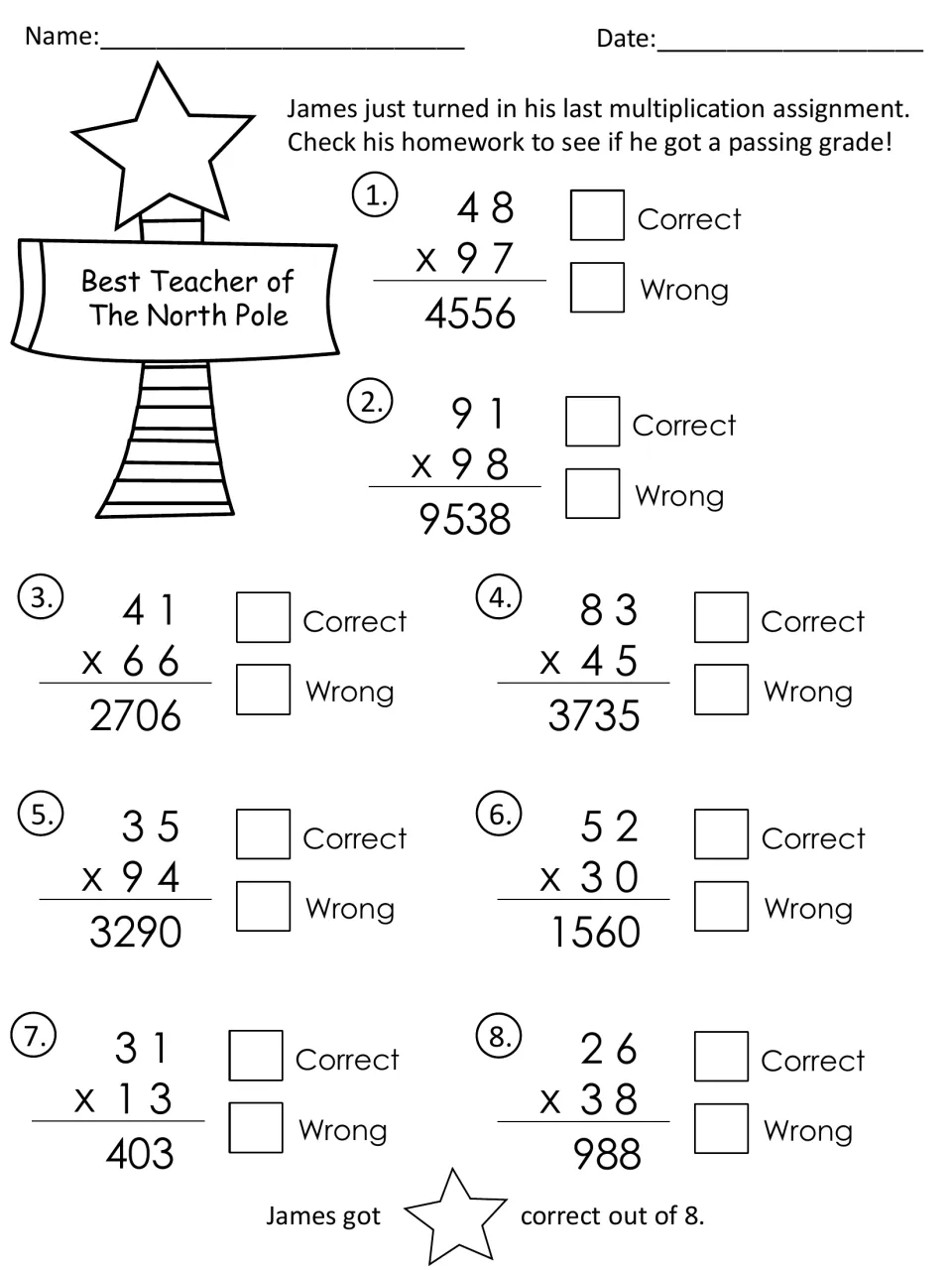 Error analysis: students check James's two-digit products, such as 48 x 97 = 4556, and mark each correct or wrong