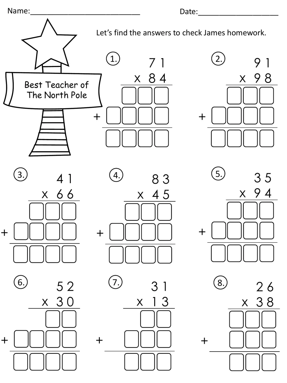 Checking James's homework: students solve 8 problems like 91 x 98 and 26 x 38 using two partial products and a sum