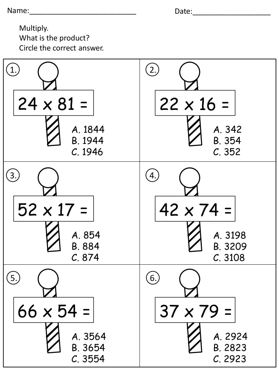 Multiple-choice multiplication: students find 6 products such as 24 x 81 and 37 x 79 and circle A, B or C