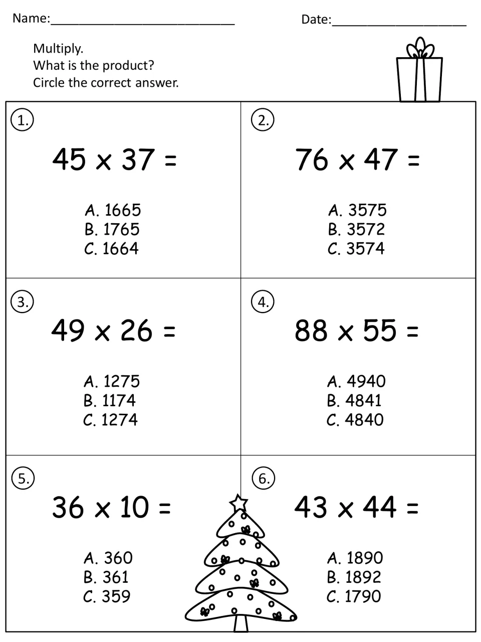 Two-digit products, multiple choice: students solve 6 problems such as 45 x 37 and 88 x 55, circling answer A, B or C