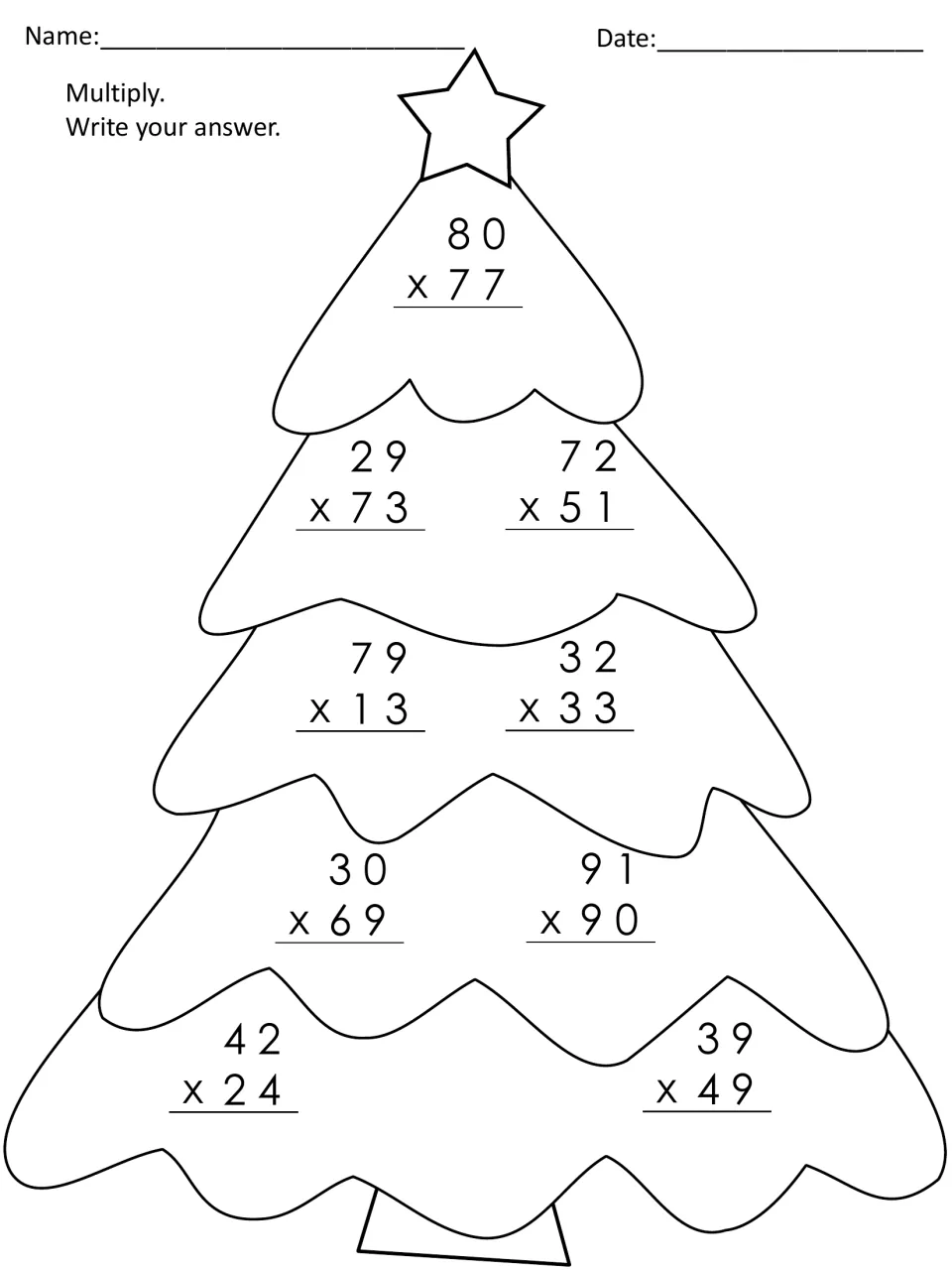 Christmas tree multiplication: students multiply 9 two-digit pairs on the tree, from 80 x 77 to 39 x 49