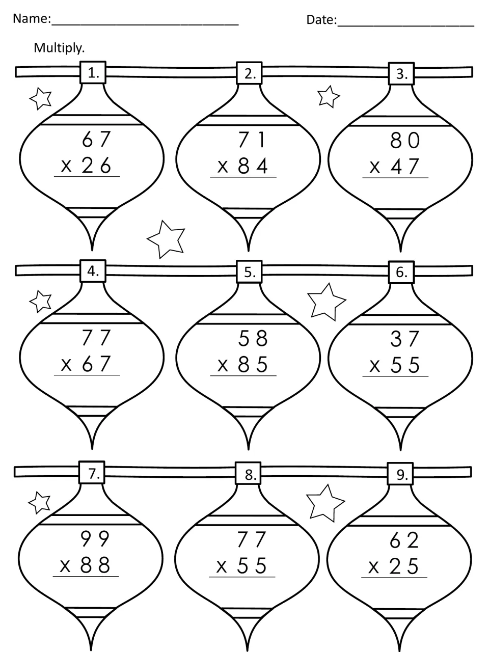 Ornament multiplication: students solve 9 vertical two-digit problems, such as 67 x 26 and 99 x 88, on hanging ornaments