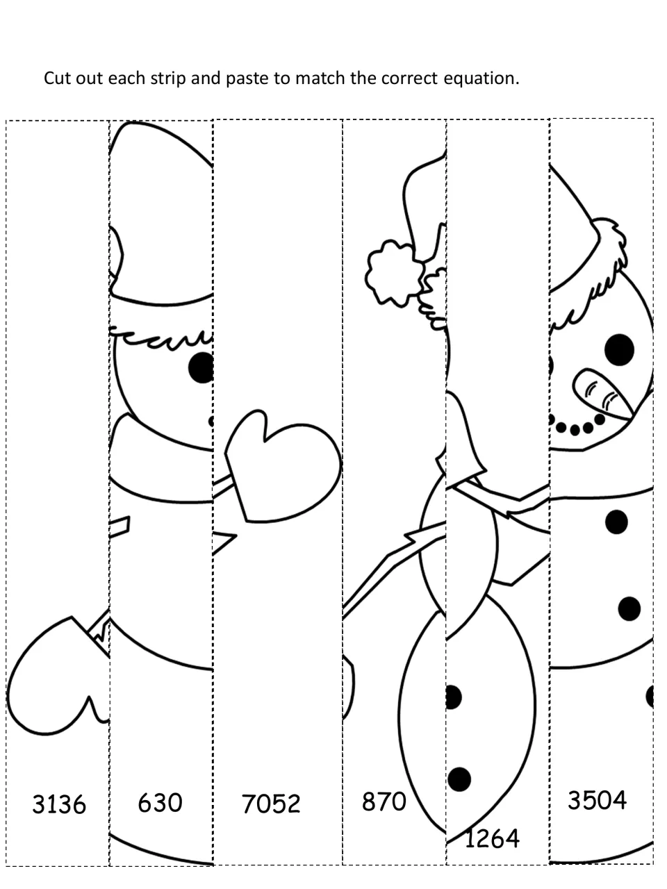 Snowman puzzle cut-out pieces: students cut 6 strips with products like 7052 and 870 and paste each on its problem