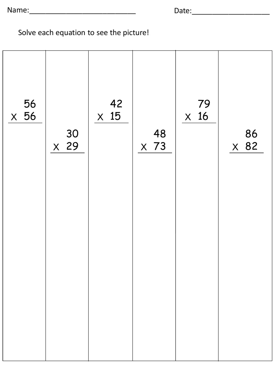 Picture-reveal mat: students solve problems like 56 x 56 and 86 x 82, then paste the matching snowman strip on each