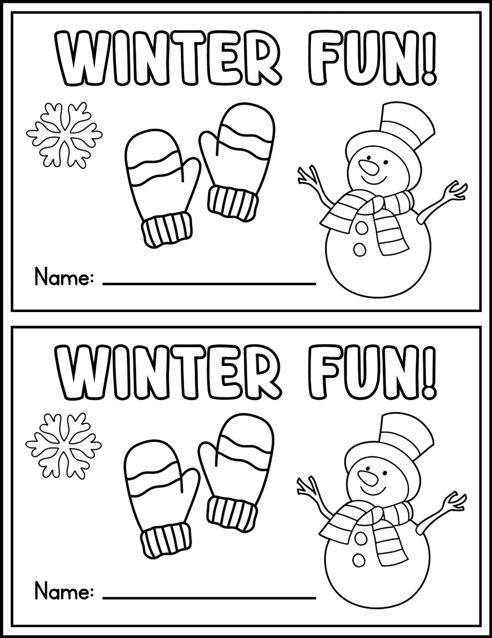 Winter Fun! mini-book cover, printed twice, with mittens, a snowman and a snowflake to color and a line for the name