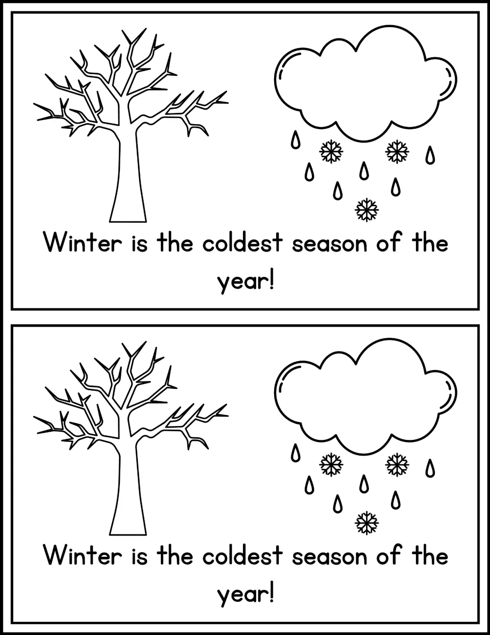 Cold season reader page: students read 'Winter is the coldest season of the year!' beside a bare tree and snowy cloud