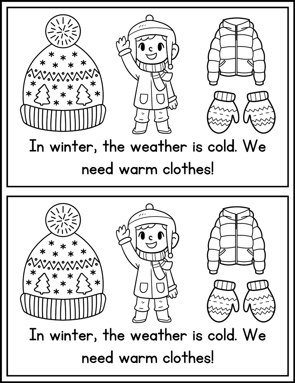 Cold weather clothing page: students read 'We need warm clothes!' with a knit hat, puffy coat, mittens and a waving child