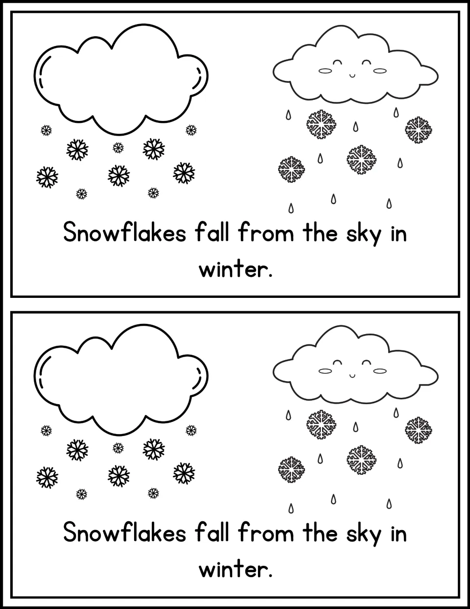 Snowfall reader page: students read 'Snowflakes fall from the sky in winter.' under two clouds dropping snowflakes