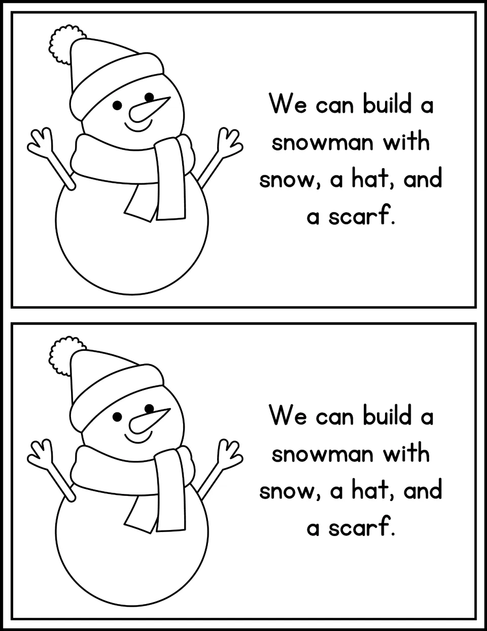 Snowman page: students read 'We can build a snowman with snow, a hat, and a scarf.' next to a snowman to color