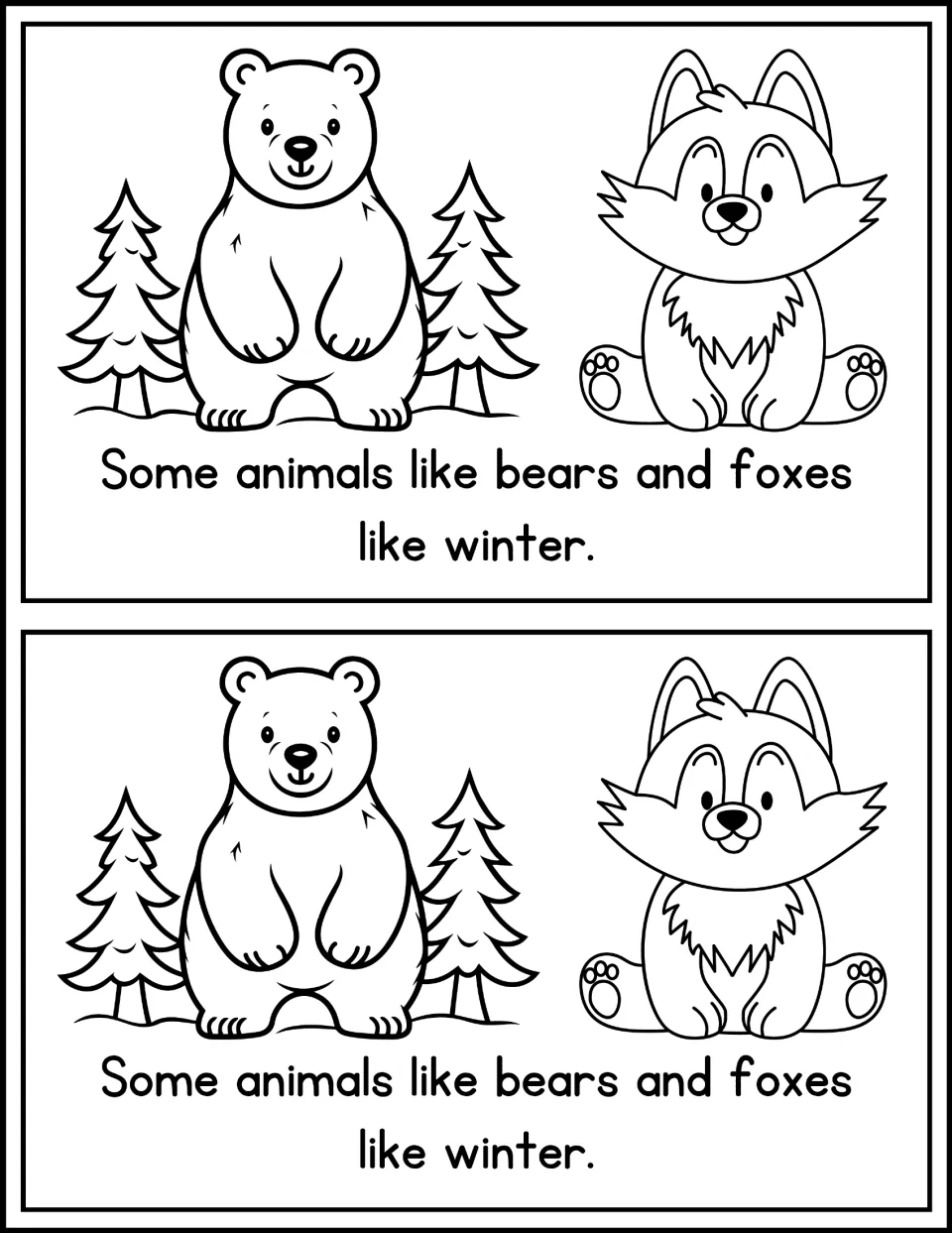 Winter animals page: students read 'Some animals like bears and foxes like winter.' with a bear by pine trees and a fox