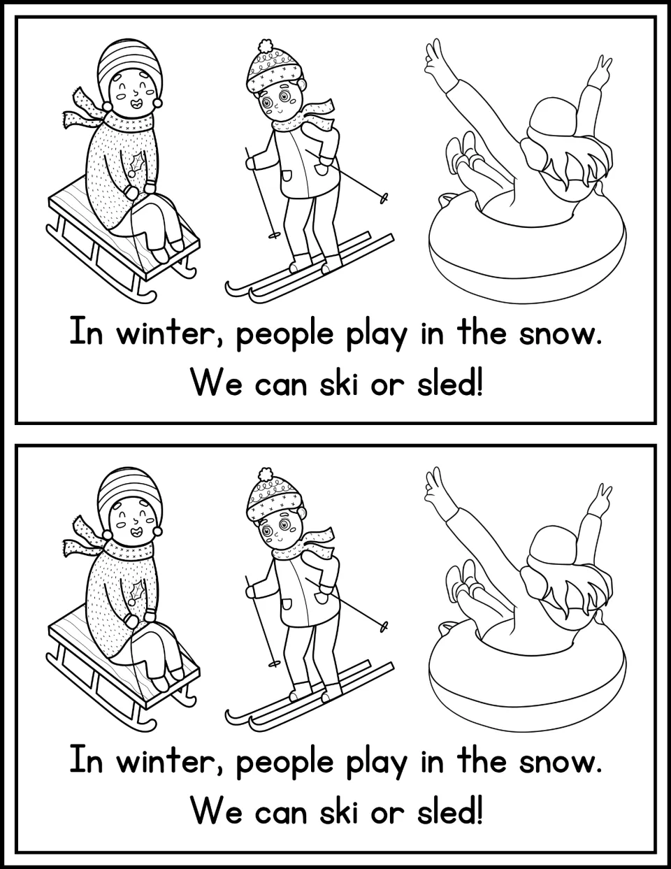 Snow play page: students read 'In winter, people play in the snow. We can ski or sled!' with kids sledding, skiing, tubing