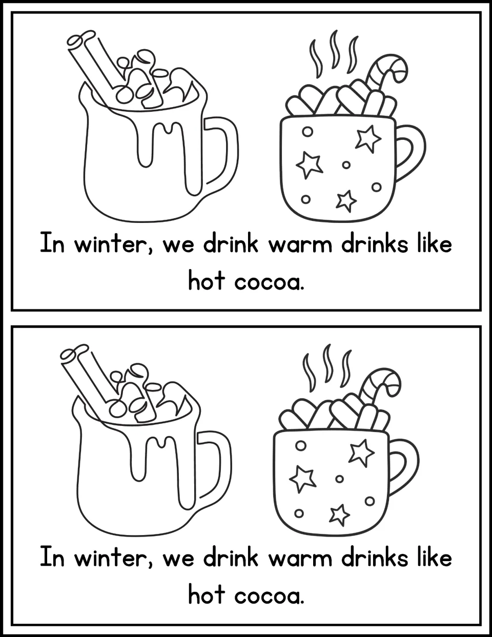 Warm drinks page: students read 'In winter, we drink warm drinks like hot cocoa.' beside two mugs topped with marshmallows