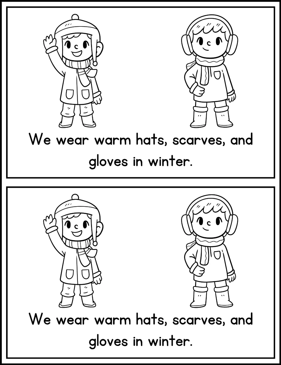 Winter wear page: students read 'We wear warm hats, scarves, and gloves in winter.' with two bundled-up children to color