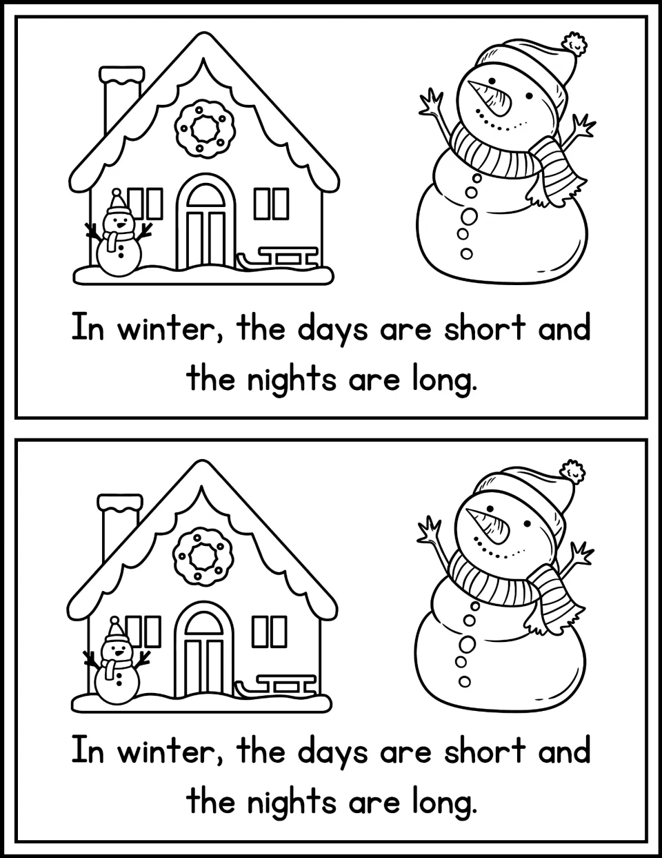 Short days page: students read 'In winter, the days are short and the nights are long.' by a snowy house and a snowman