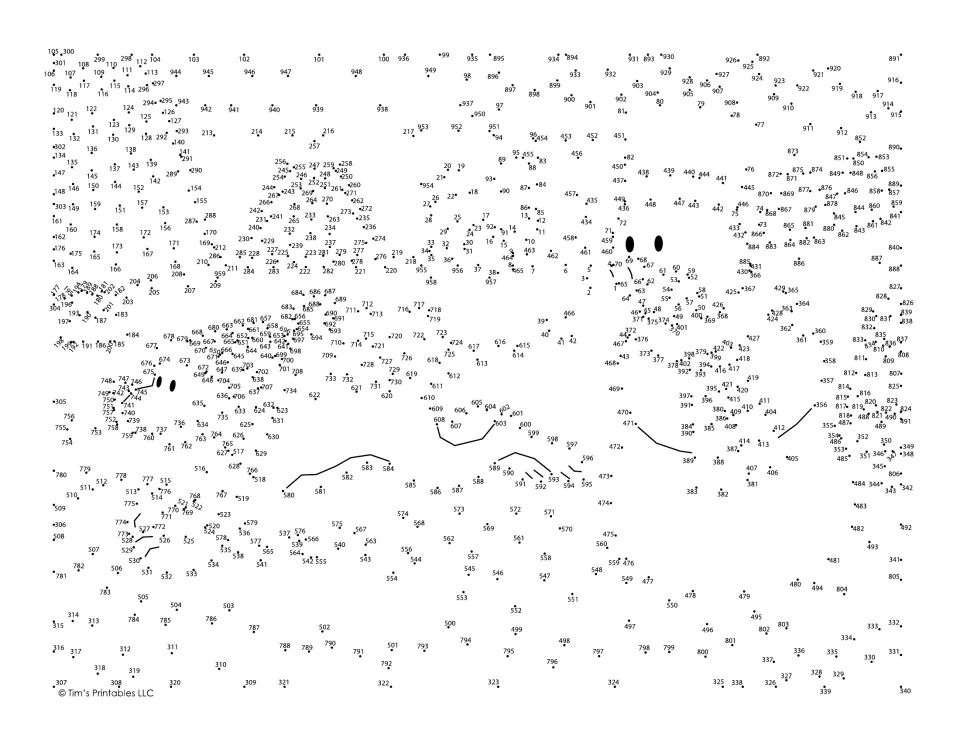 Winter dot-to-dot activity with numbered dots for a dog carrying a snowman's wooden arm through the snow.