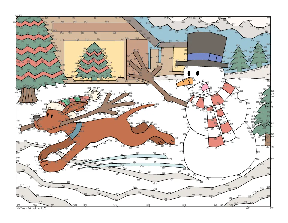 Colored example of the winter dot-to-dot scene: a dog carries a wooden arm as a snowman reaches toward it.