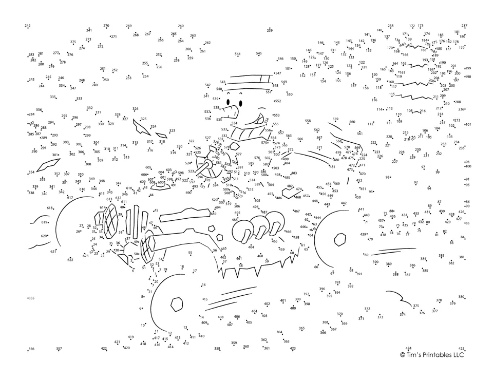 Snowman driving a winter car dot-to-dot: students connect hundreds of numbered dots in counting order to reveal the scene