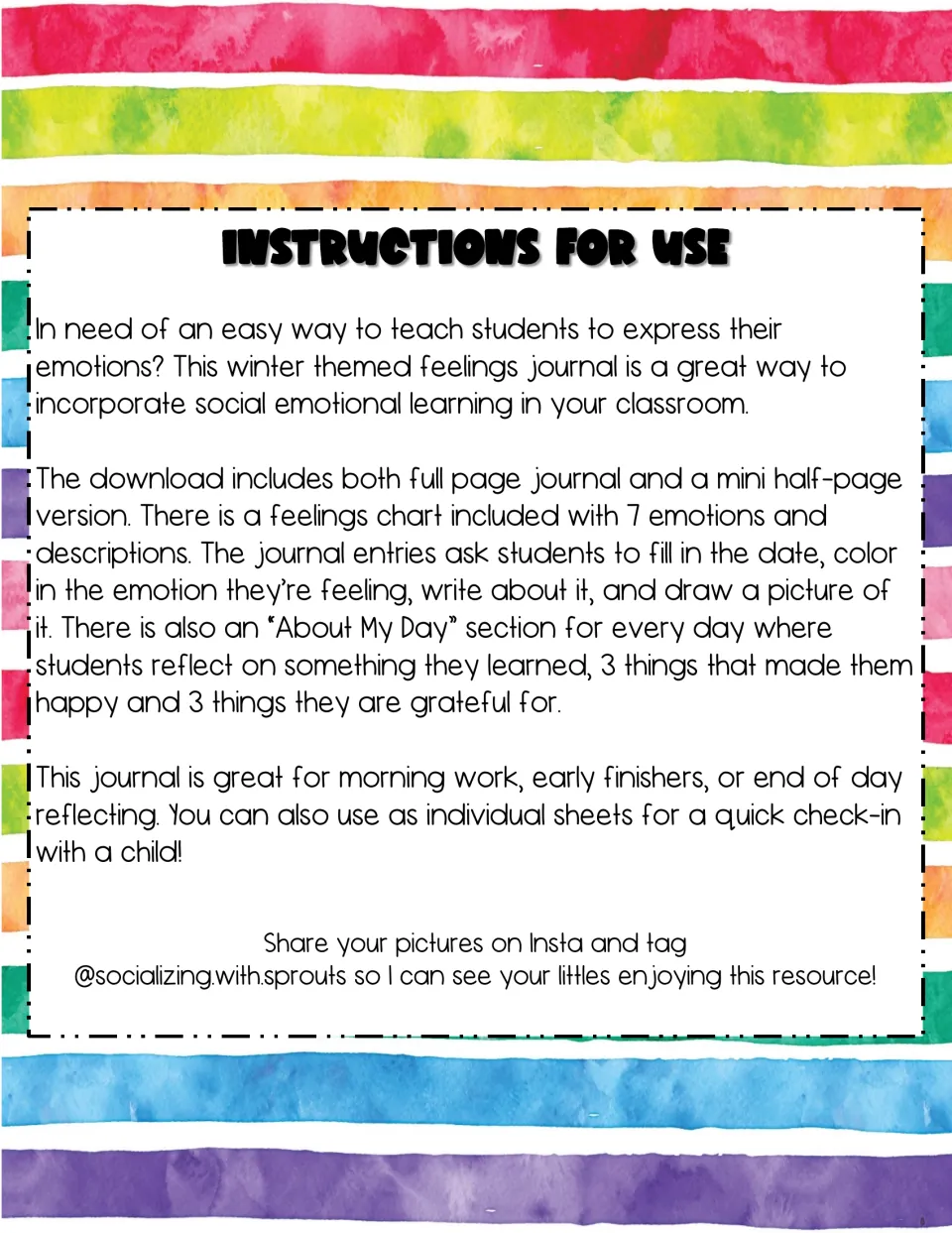 Instructions for Use: explains the full and half-page journals, the 7-emotion chart, daily entries and About My Day section