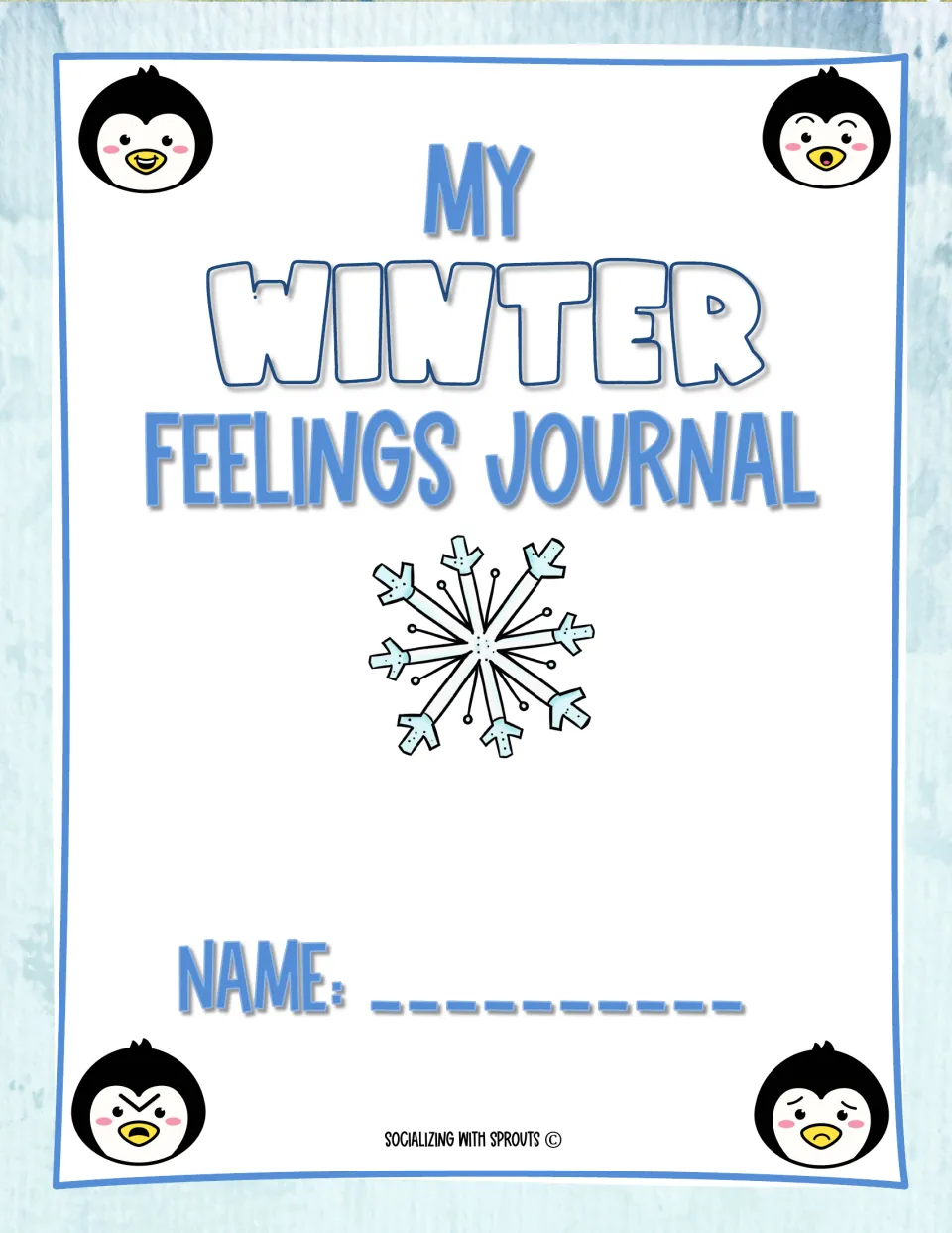 My Winter Feelings Journal cover with four penguin faces showing different emotions, a snowflake and a name line