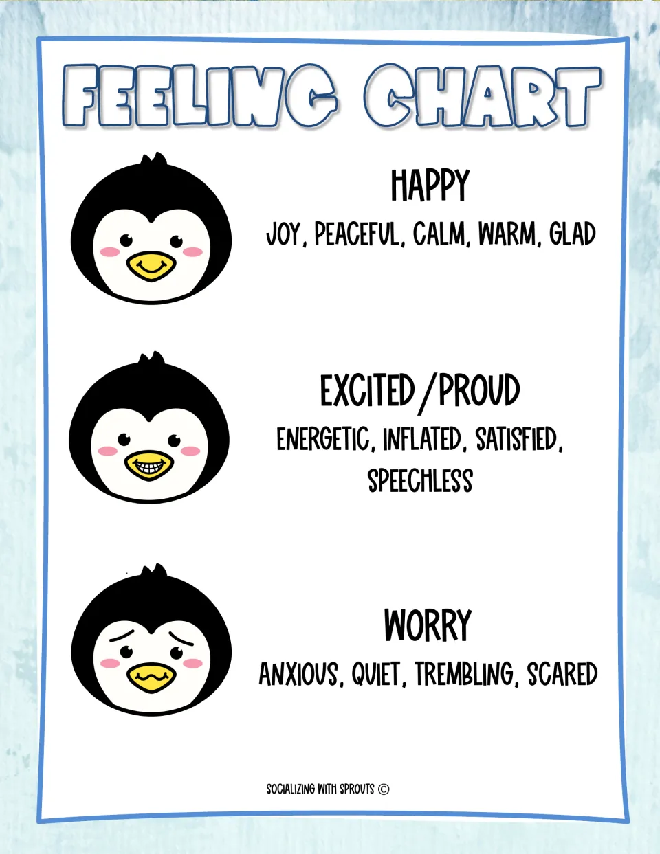 Feeling chart, part 1: penguin faces for happy, excited/proud and worry, each with words such as calm, energetic and anxious
