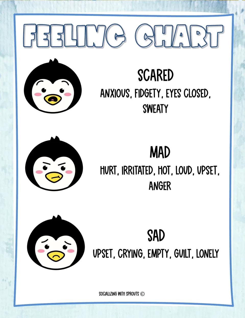 Feeling chart, part 2: penguin faces for scared, mad and sad with describing words such as fidgety, irritated and lonely