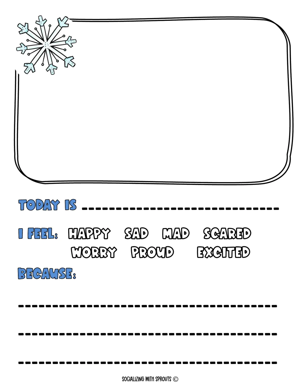 Daily feelings entry: students write the date, color the emotion they feel from 7 choices, explain why and draw a picture