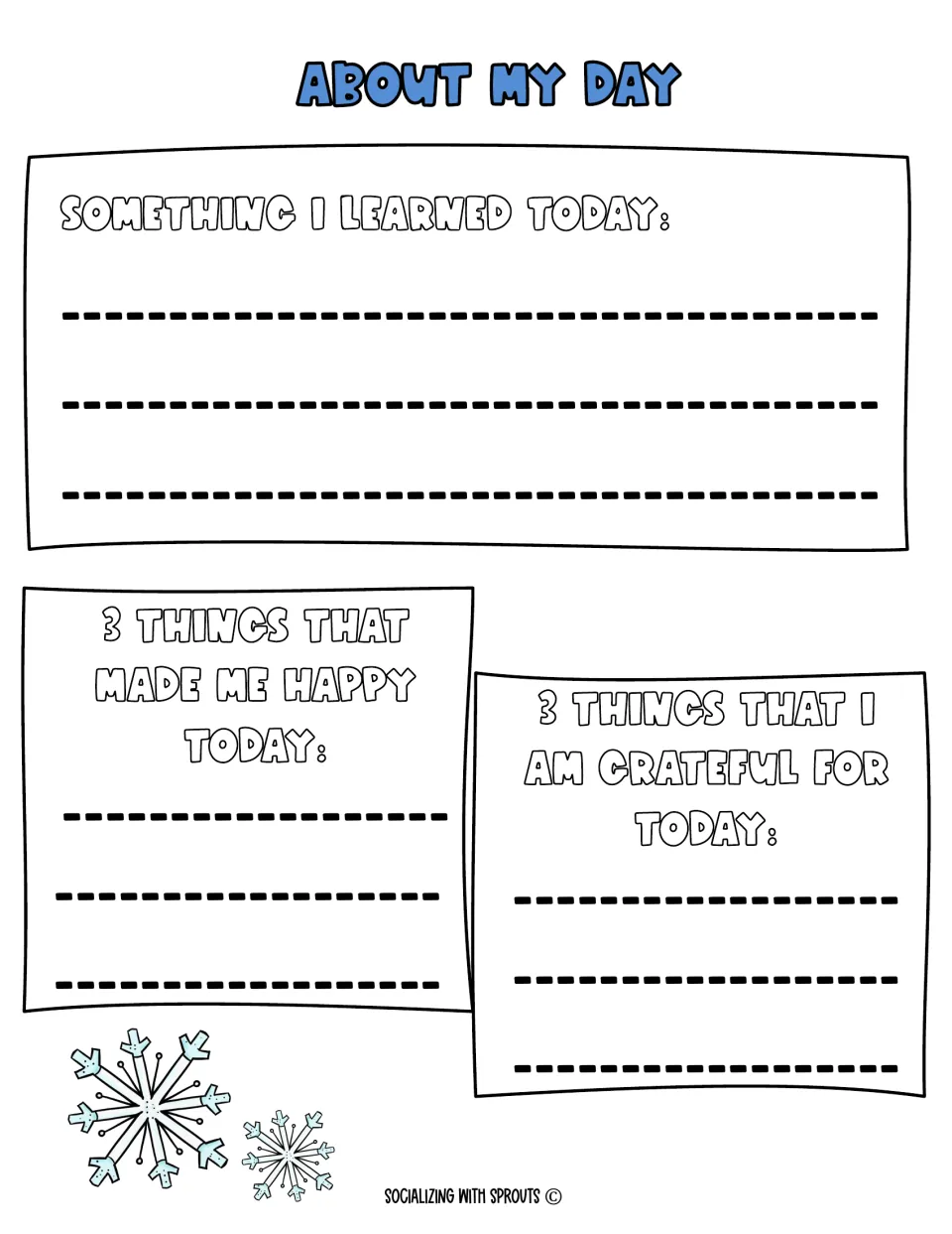 About My Day reflection: students write one thing they learned, 3 things that made them happy and 3 they are grateful for
