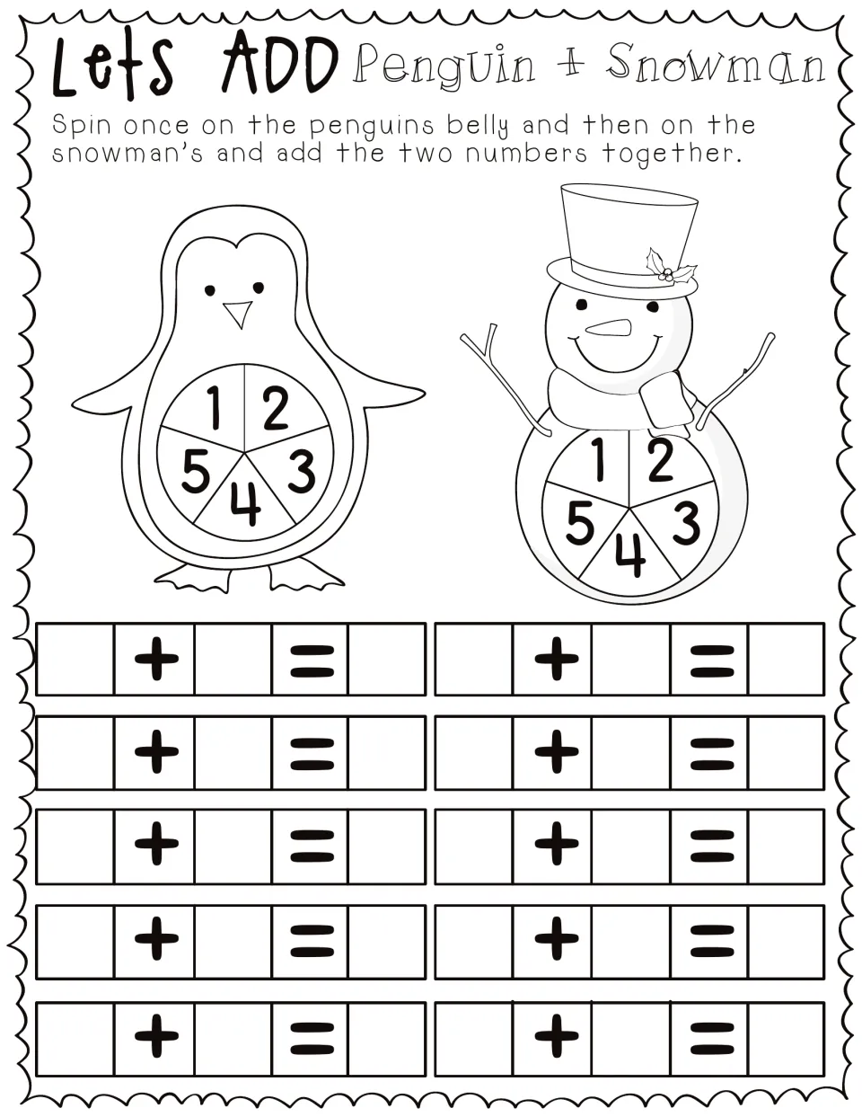 Let's Add Penguin + Snowman: students spin 1-5 spinners on a penguin and a snowman, then add the two numbers in 10 sums