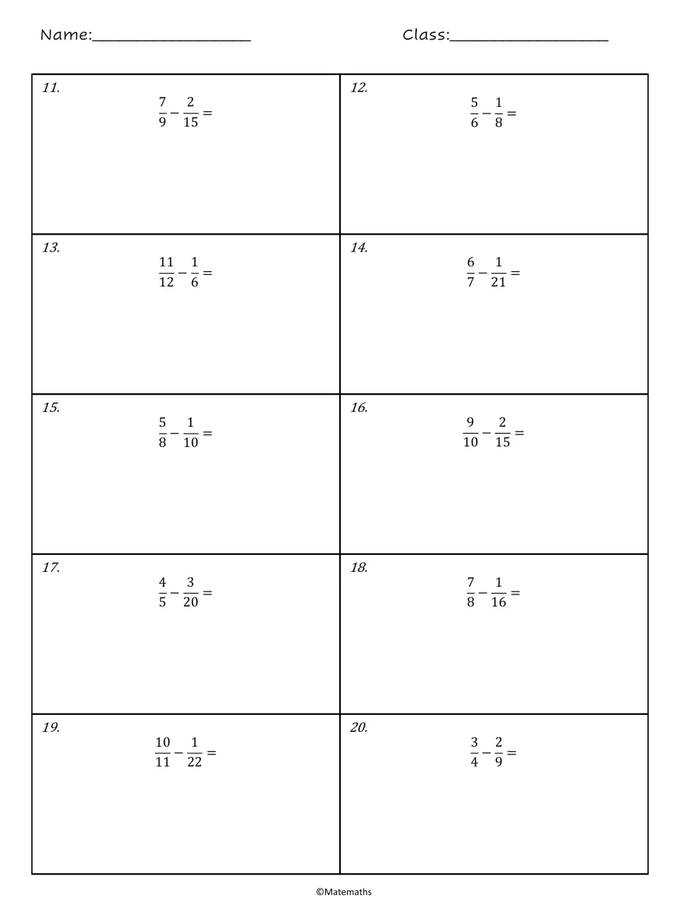 Subtracting fractions with different denominators: students solve problems 11-20, such as 7/9 - 2/15 and 11/12 - 1/6