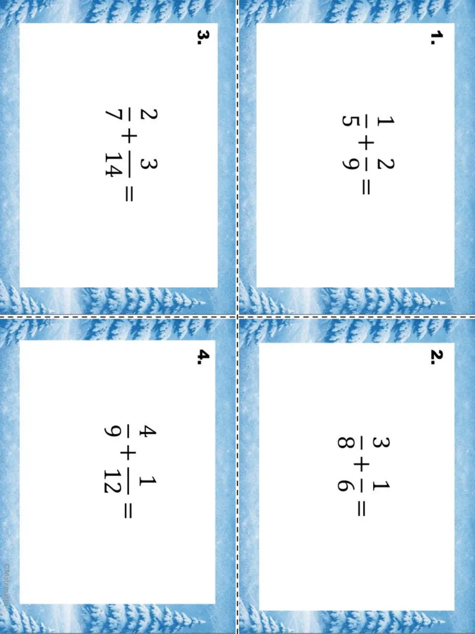 Winter task cards 1-4 for adding fractions: 1/5 + 2/9, 3/8 + 1/6, 2/7 + 3/14 and 4/9 + 1/12