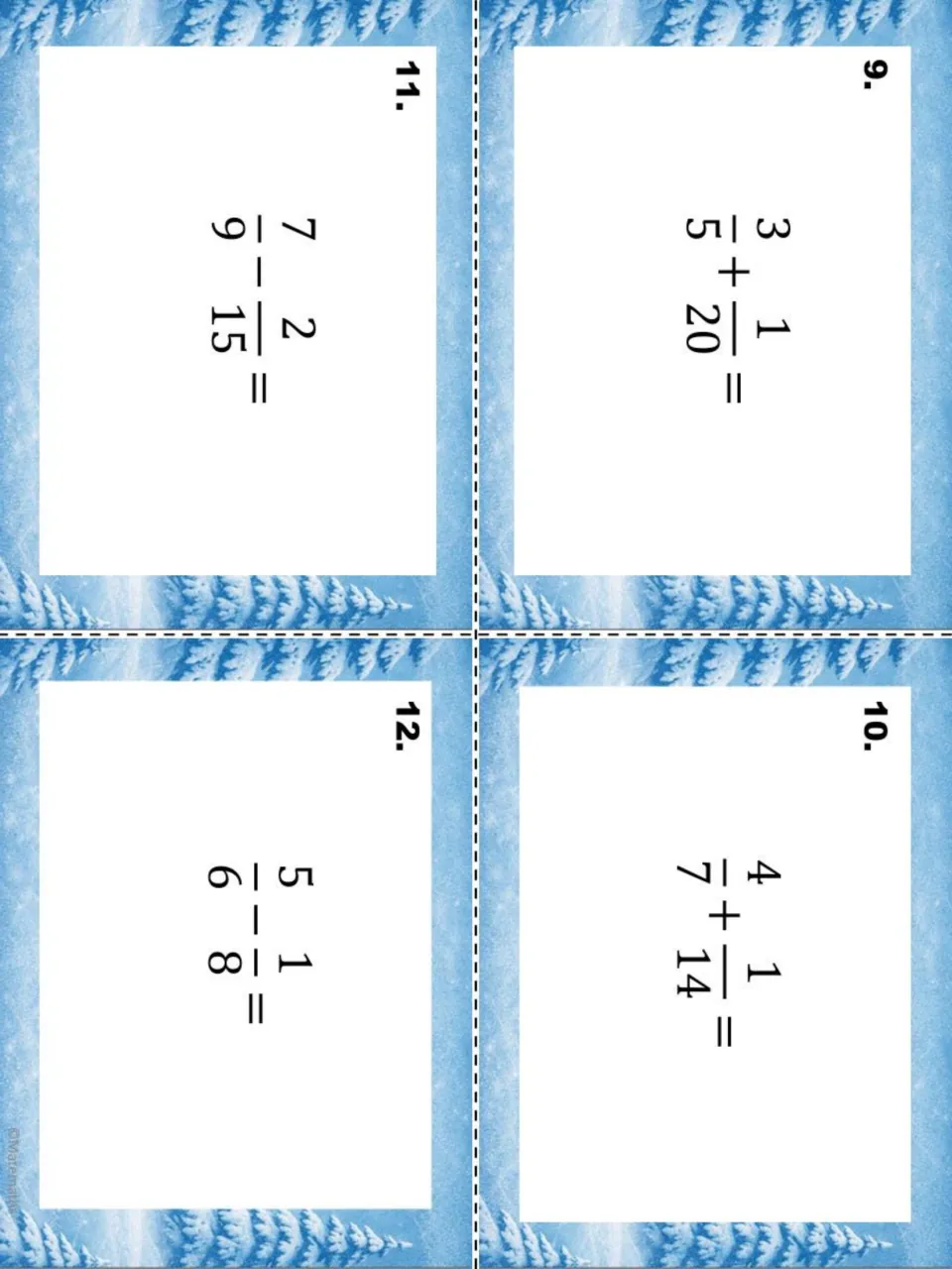 Task cards 9-12 shifting from addition to subtraction: 3/5 + 1/20 and 4/7 + 1/14, then 7/9 - 2/15 and 5/6 - 1/8