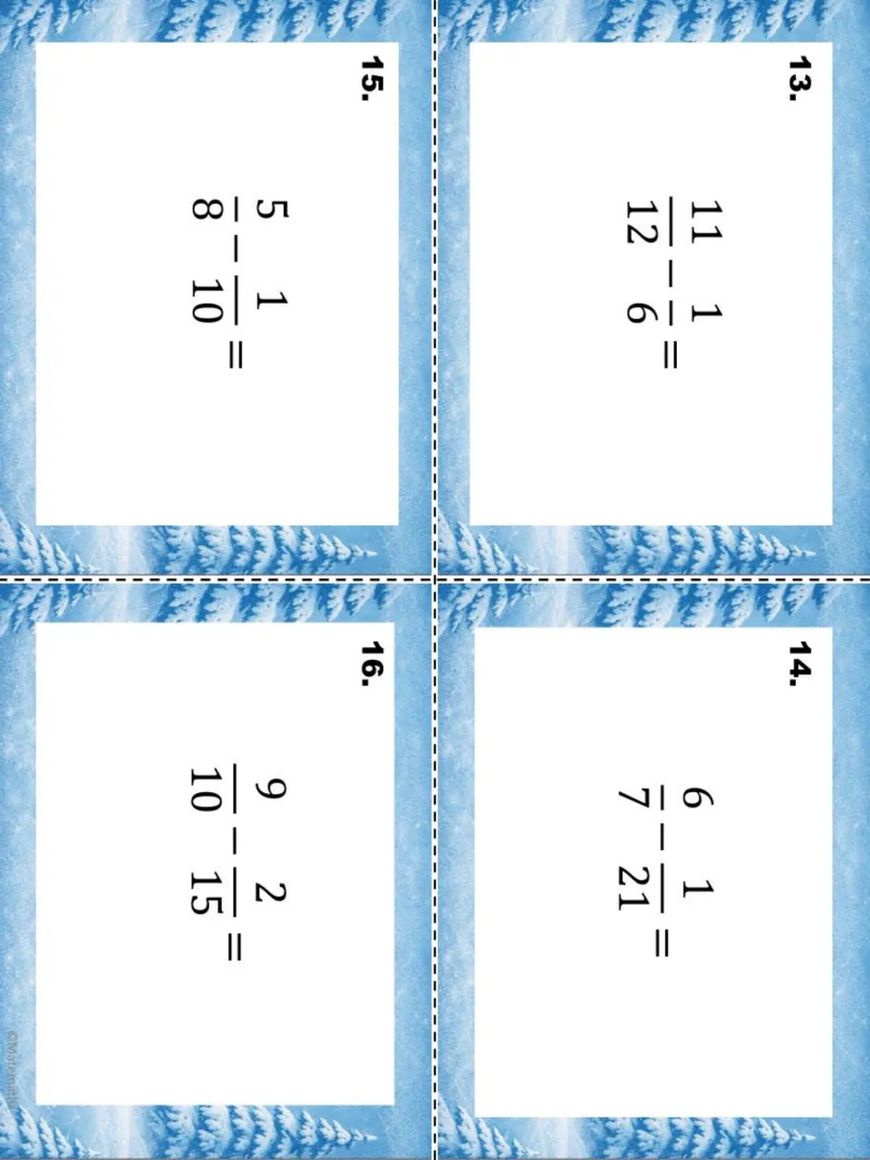 Task cards 13-16 subtracting fractions: 11/12 - 1/6, 6/7 - 1/21, 5/8 - 1/10 and 9/10 - 2/15 on snowy winter cards