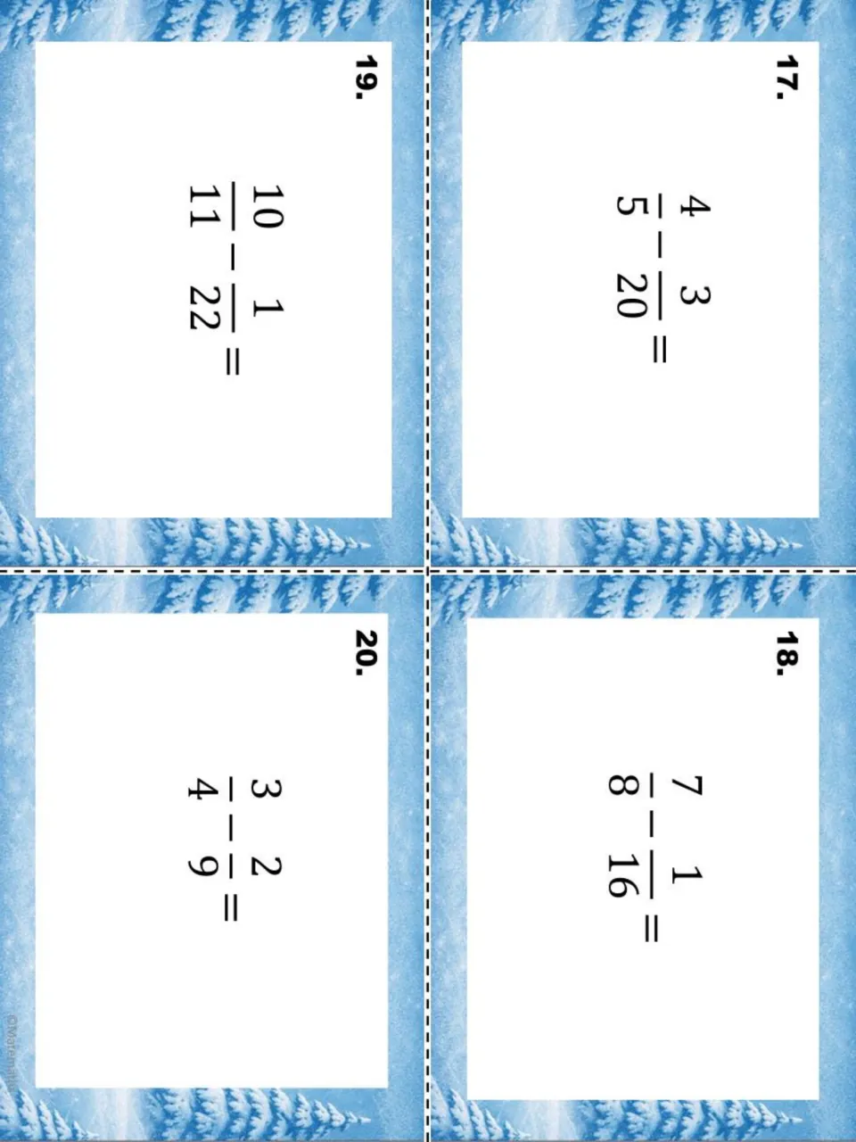 Final task cards 17-20 for subtracting fractions: 4/5 - 3/20, 7/8 - 1/16, 10/11 - 1/22 and 3/4 - 2/9