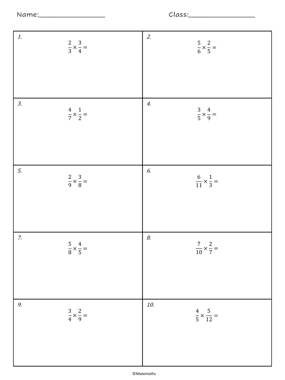 Multiplying fractions: students solve problems 1 to 10, such as 2/3 × 3/4 and 7/10 × 2/7, showing work under each