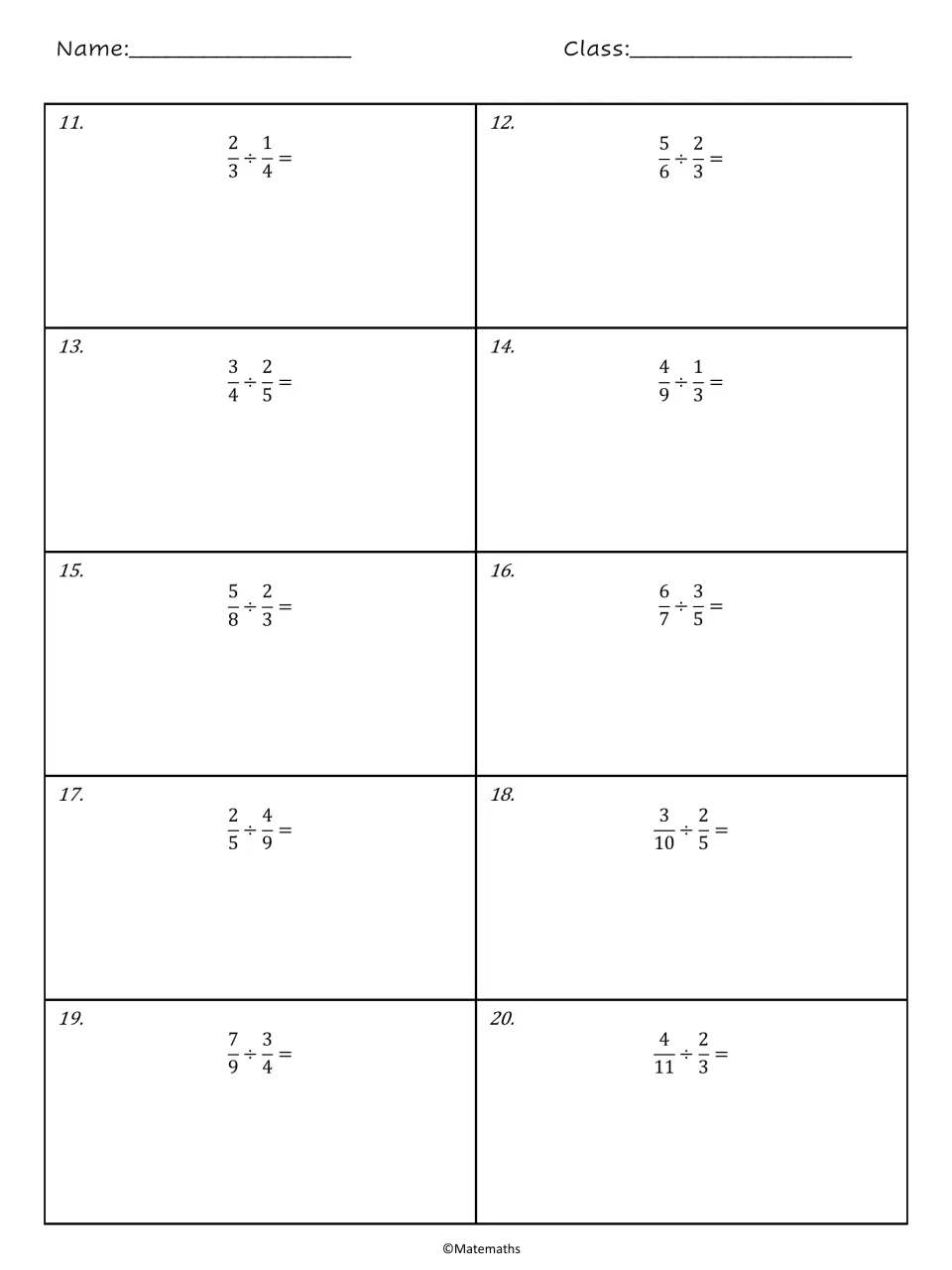 Dividing fractions: students solve problems 11 to 20, such as 2/3 ÷ 1/4 and 4/11 ÷ 2/3, showing their work under each
