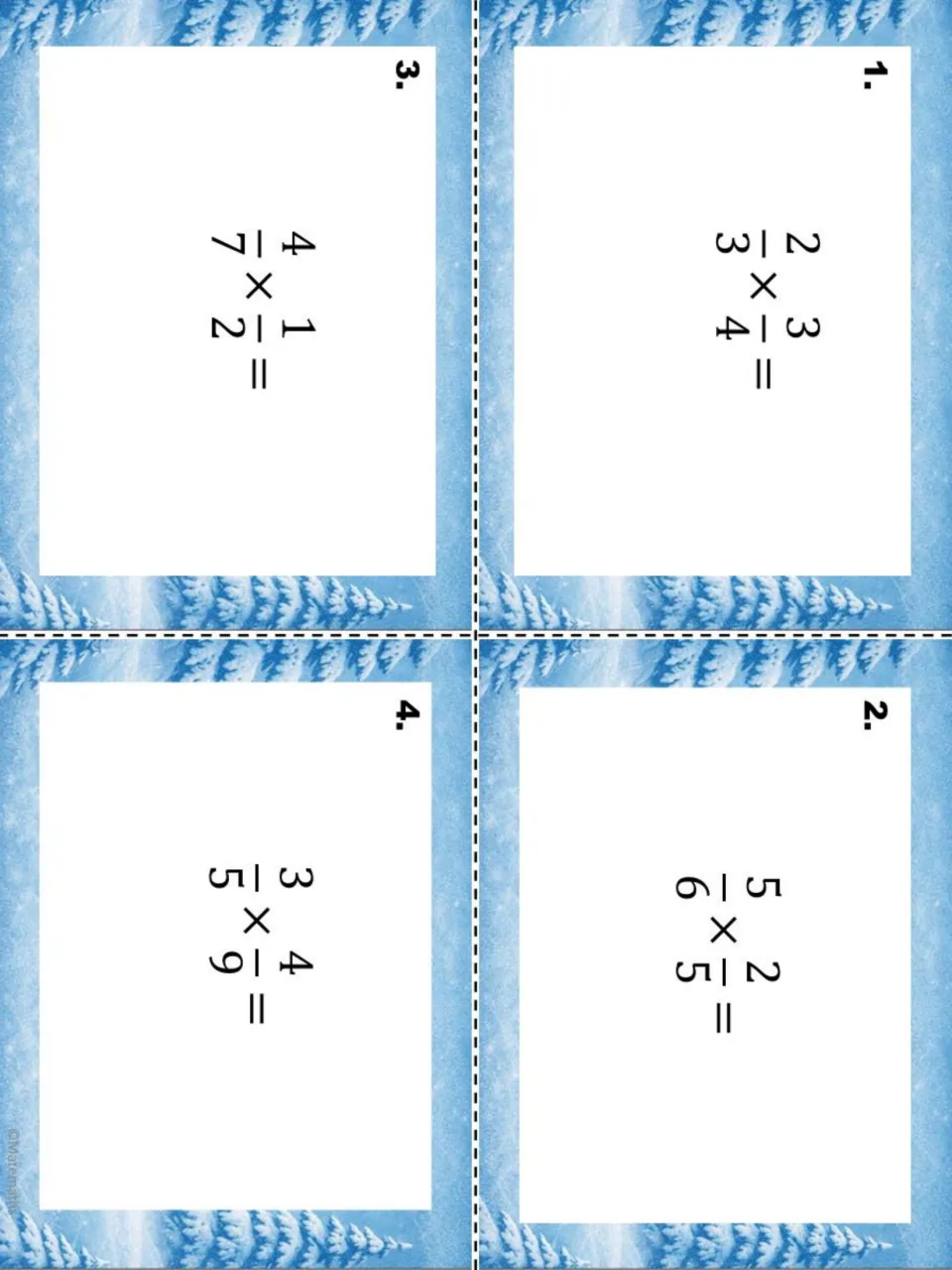 Fraction multiplication task cards 1 to 4 on a snowy winter background, including 2/3 × 3/4 and 3/5 × 4/9, to cut apart