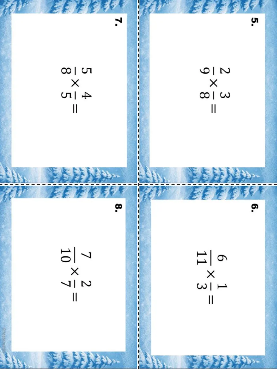 Task cards 5 to 8 for multiplying fractions, including 2/9 × 3/8 and 6/11 × 1/3, with a snowy tree design, ready to cut