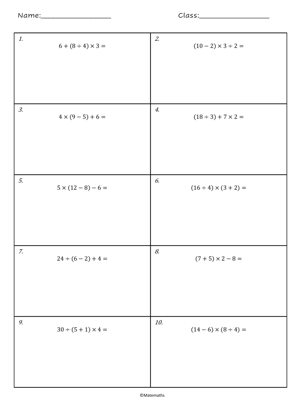 Order of operations problems 1 to 10: students evaluate expressions with parentheses, such as 6 + (8 ÷ 4) × 3, showing work