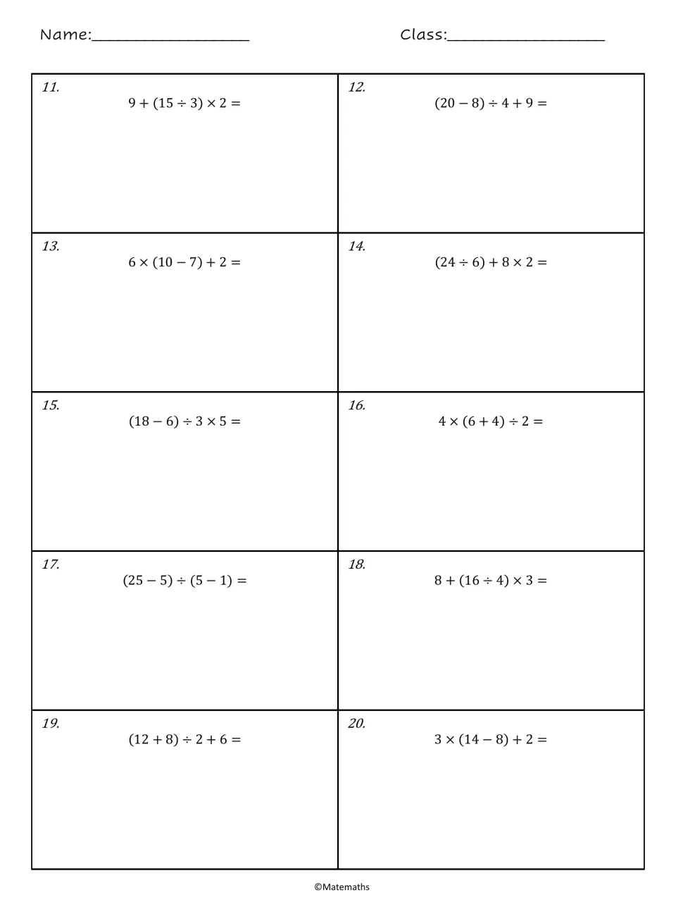 Order of operations problems 11 to 20: students solve expressions like (25 − 5) ÷ (5 − 1) and 3 × (14 − 8) + 2
