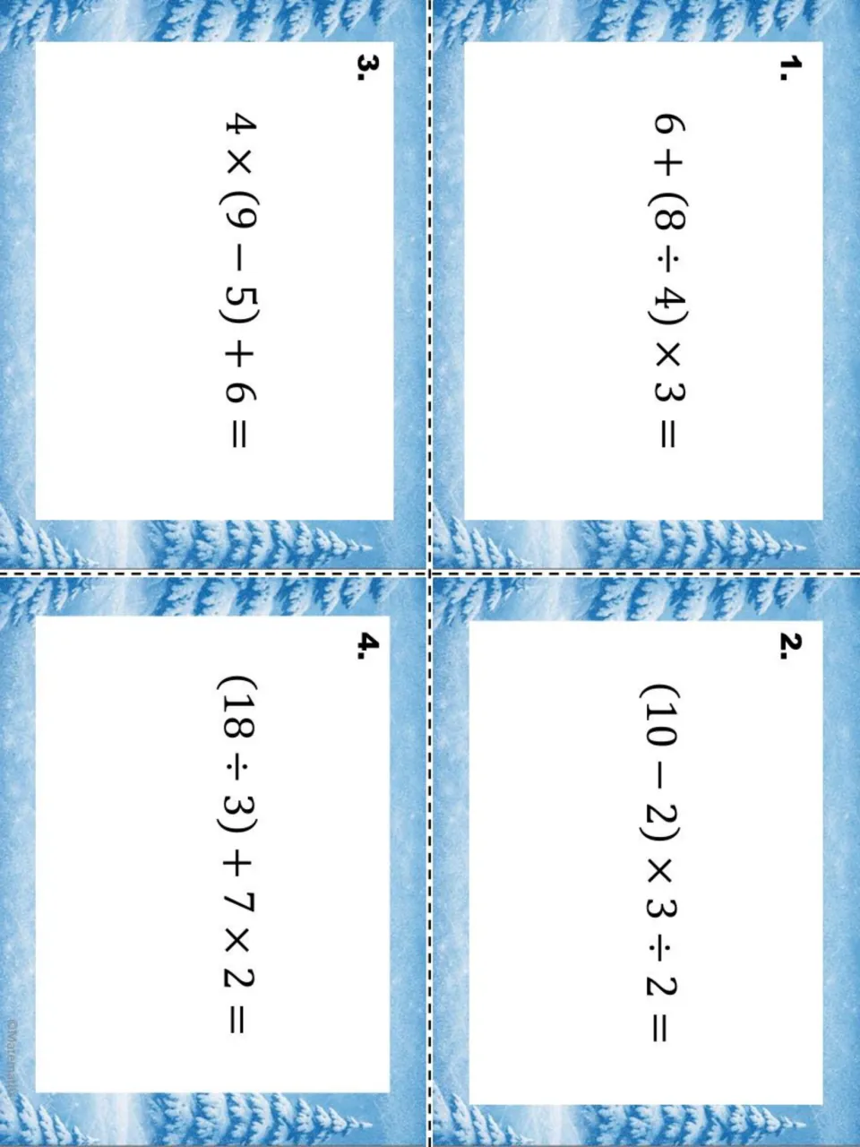 Winter task cards 1 to 4 with order of operations expressions, such as (10 − 2) × 3 ÷ 2, on snowy pine tree backgrounds