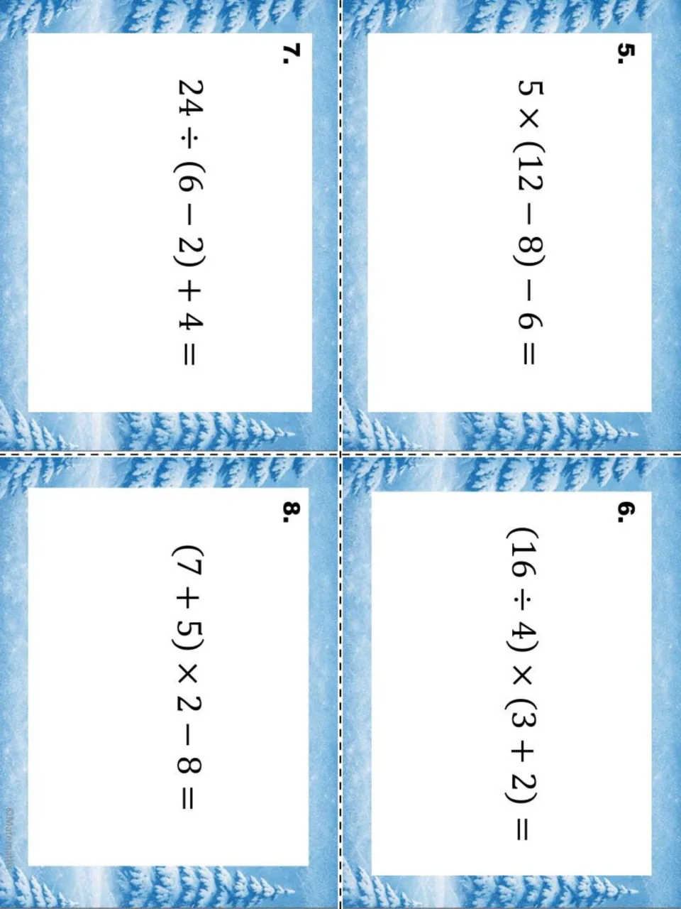 Winter task cards 5 to 8: order of operations expressions including (16 ÷ 4) × (3 + 2) and (7 + 5) × 2 − 8 to evaluate