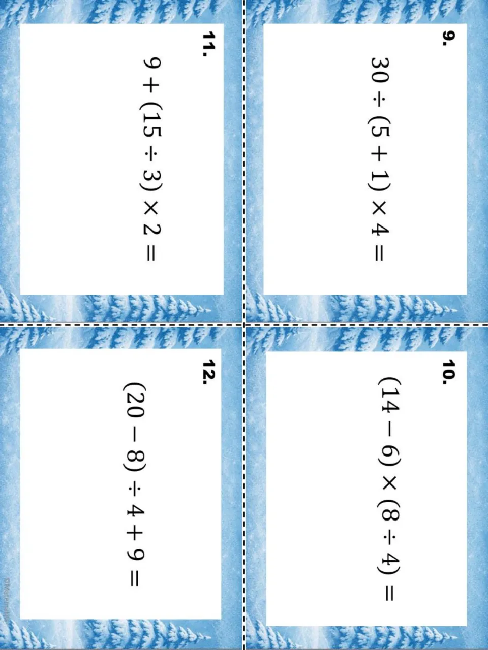 Winter task cards 9 to 12 with order of operations expressions such as 30 ÷ (5 + 1) × 4 and (20 − 8) ÷ 4 + 9 to solve