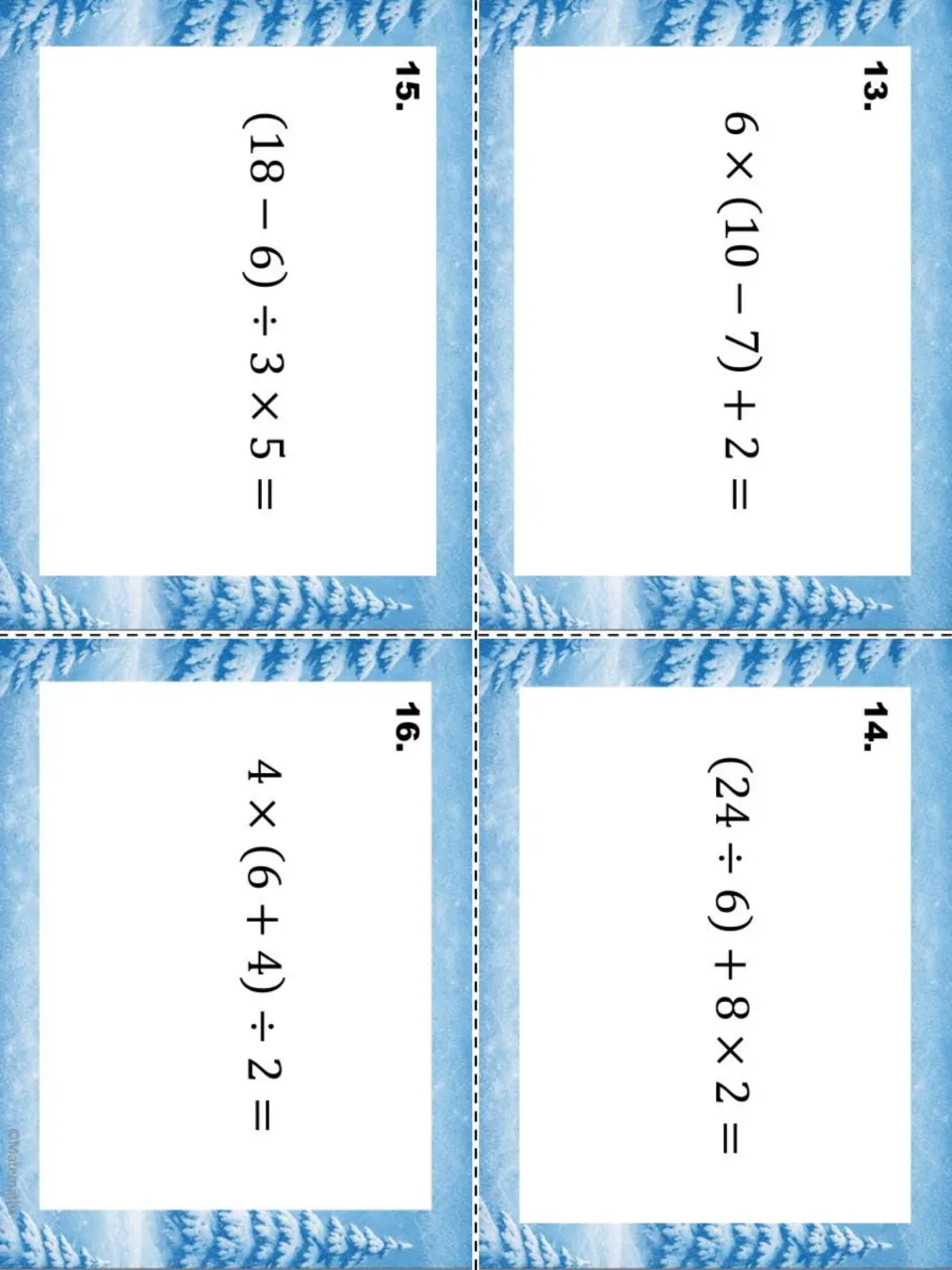 Winter task cards 13 to 16: order of operations practice with 6 × (10 − 7) + 2 and (18 − 6) ÷ 3 × 5