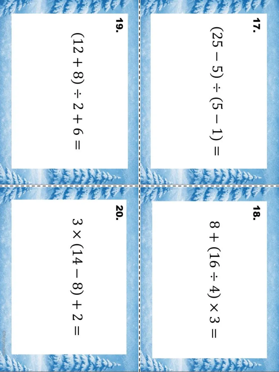 Winter task cards 17 to 20 with order of operations expressions including (25 − 5) ÷ (5 − 1) and (12 + 8) ÷ 2 + 6
