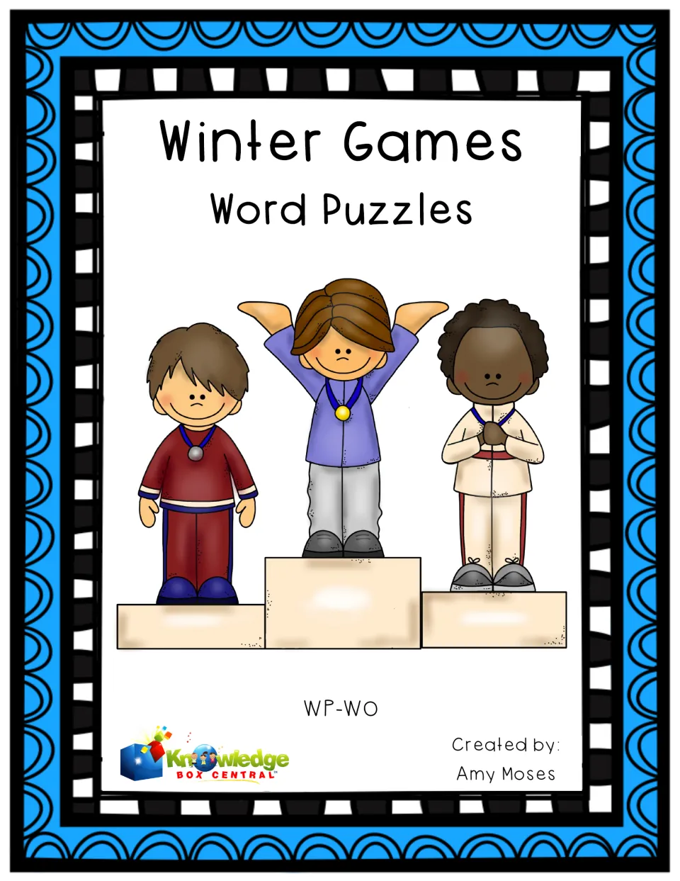 Cover of Winter Games Word Puzzles by Amy Moses, showing three children with medals standing on a winners' podium