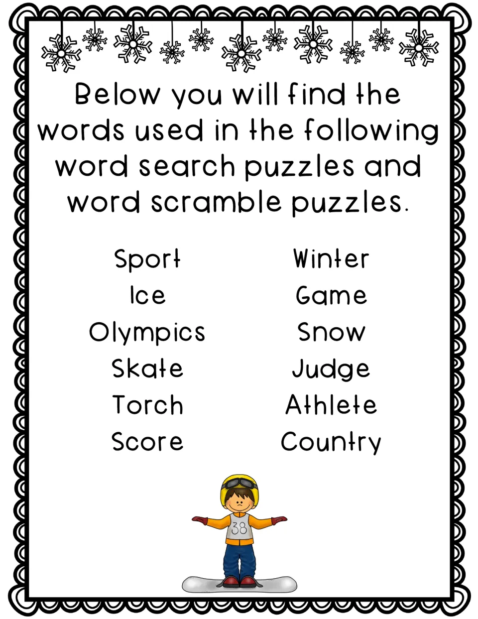 Vocabulary list of 12 words for the searches and scrambles, including sport, ice, Olympics, skate, torch, judge and athlete