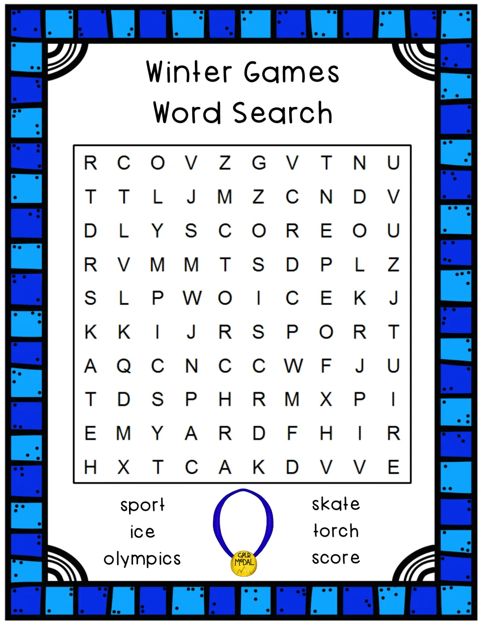 Olympic word search: students find sport, ice, olympics, skate, torch and score hidden in a 10 by 10 letter puzzle