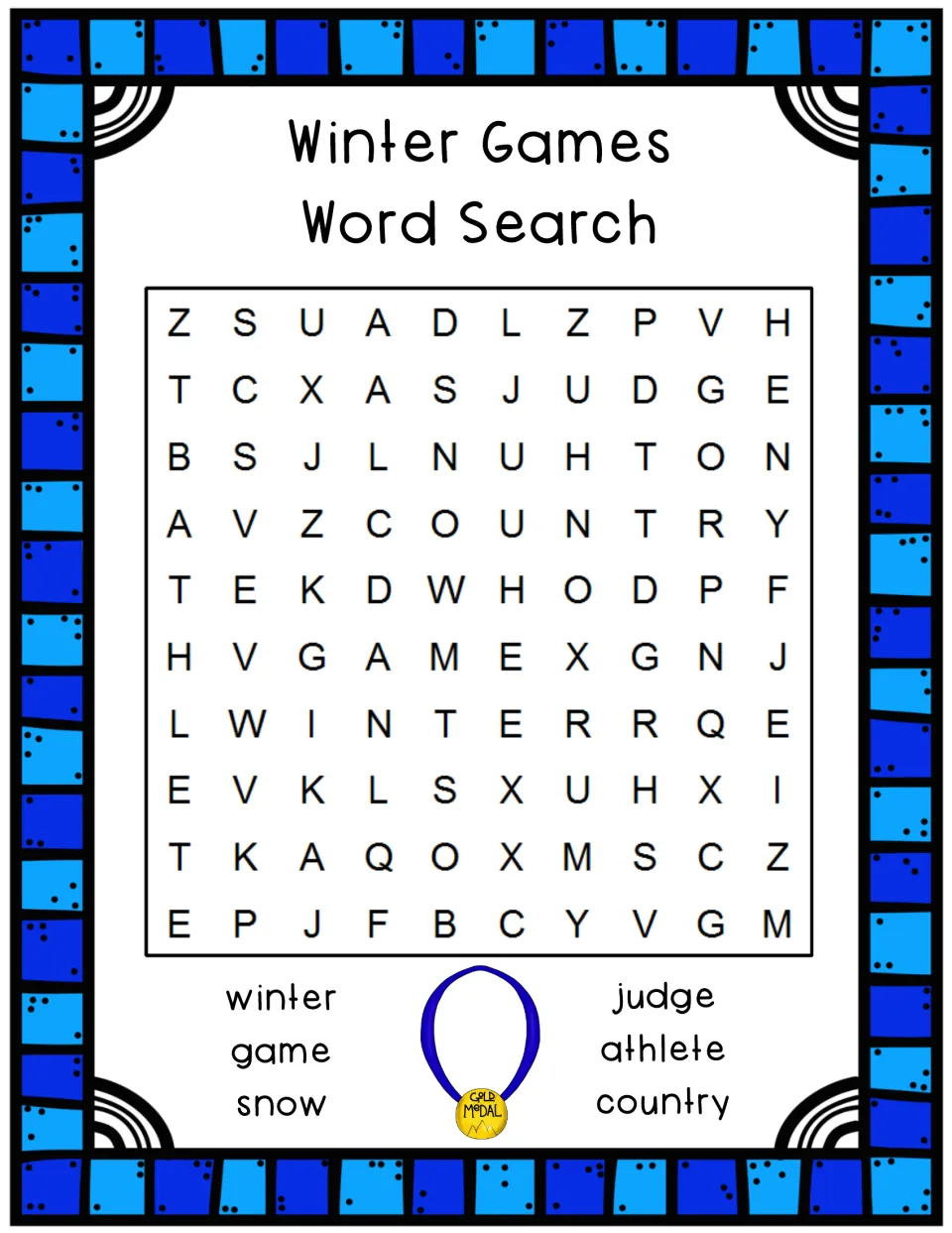 Second winter sports word search: students locate winter, game, snow, judge, athlete and country in a letter puzzle